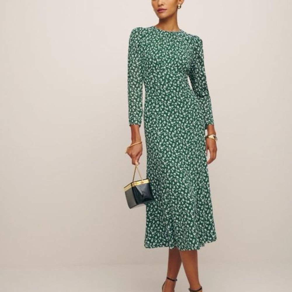 Reformation Green Floral Long Sleeve Dress